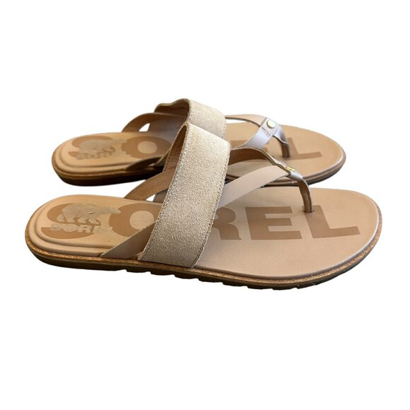Sorel Ella II Slip-On Flip Flop Sandals Suede Leather Neutral Tan Size 8 Women's - Picture 1 of 11